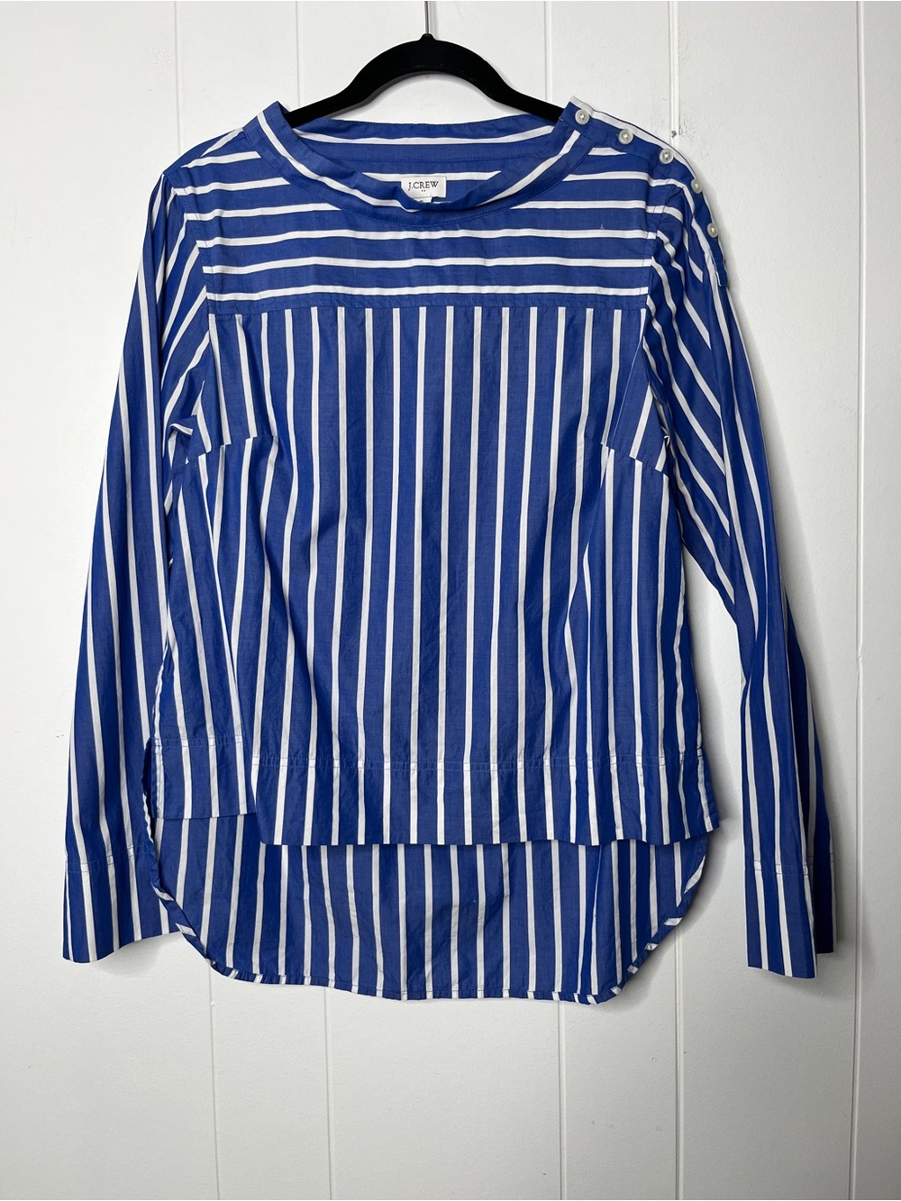 J. Crew Factory Blue and White Striped Funnelneck top in cotton poplin Size 6